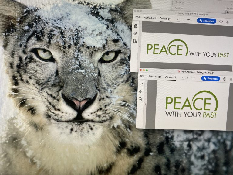 Auf einem Bildschirm sieht man im Hintergund einen weißen Schneeleoparden. Im Vordergrund zwei Logo-Entwürfe mit dem Schriftzug "peace with your past".